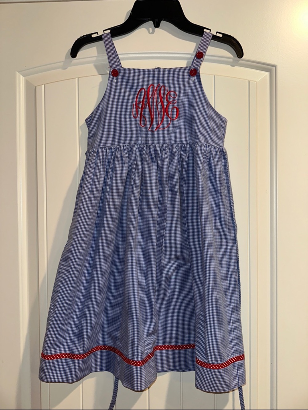 Mondays Child Girls Blue Gingham Sundress with Red Monogram